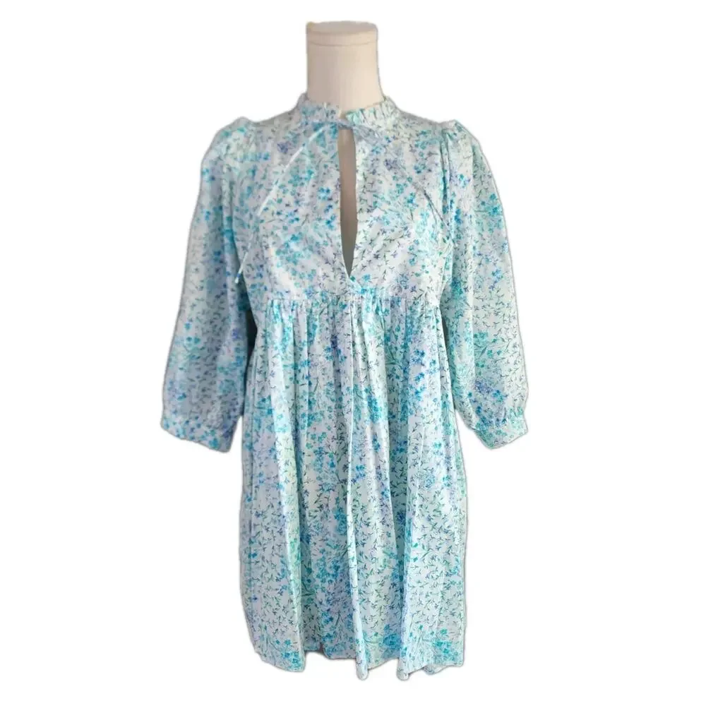 Zara Fancy Blue Poplin Cotton 3/4 Sleeve Dress Mini XS Loveshack Floral Print